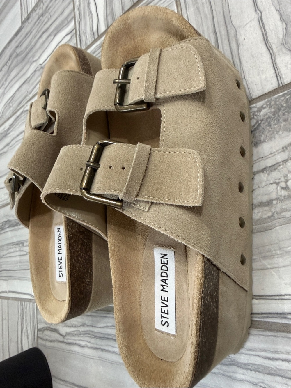 Steve Madden Beige Suede Double-Buckle Platform Clogs